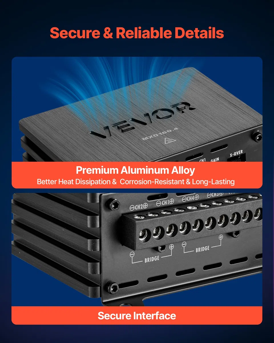 VEVOR Amplificatore Audio per Auto a 4 Canali Amplificatore a Ponte di Classe D max. 4x110 W a 4 Ohm/4x160 W a 2 Ohm, Tensione Nominale 14,4V CC Larghezza di Banda 10 Hz-30 kHz per Veicoli SUV