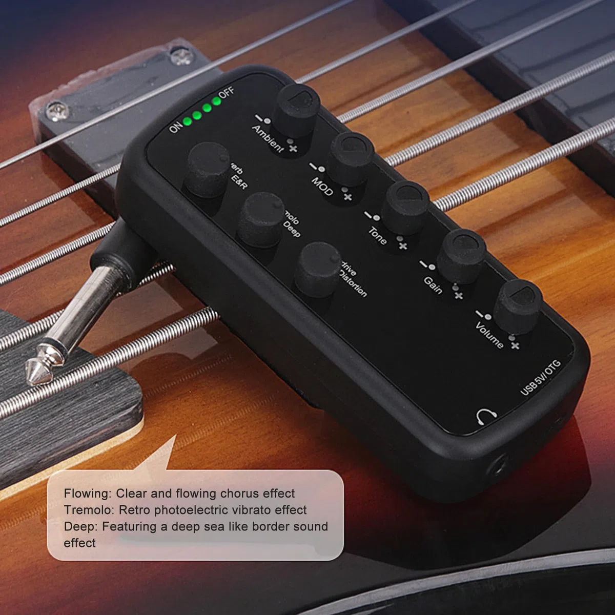 Chrees Amplificatore per Cuffie per Chitarra Elettrica, 5 Manopole con Effetti Sonori regolabili: Delay, Riverbero, Chorus, Tremolo, Flanger, per Registrazione OTG, Ingresso AUX,
