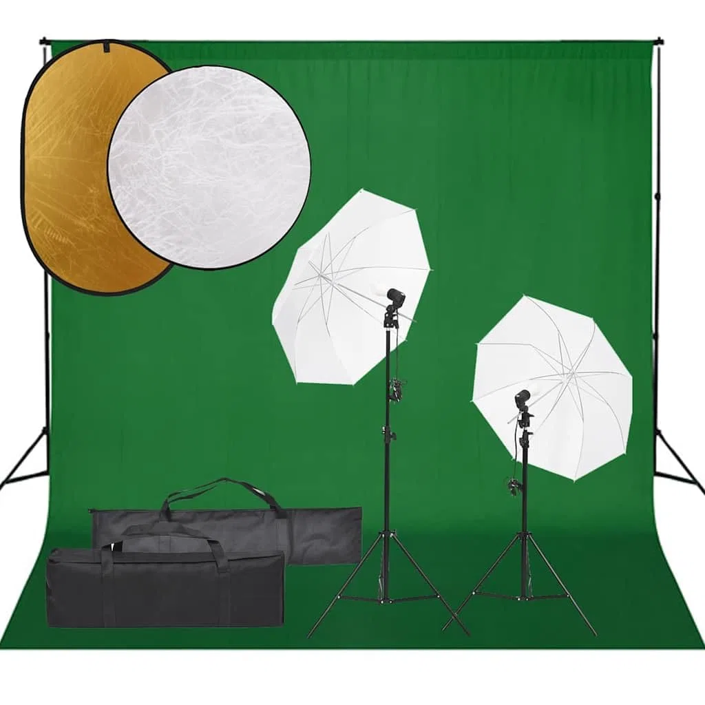 Kit da studio fotografico con illuminazione, sfondo e riflettore per fotografia professionale di ritratti e prodotti in studio domestico, include luci LED dimmerabili