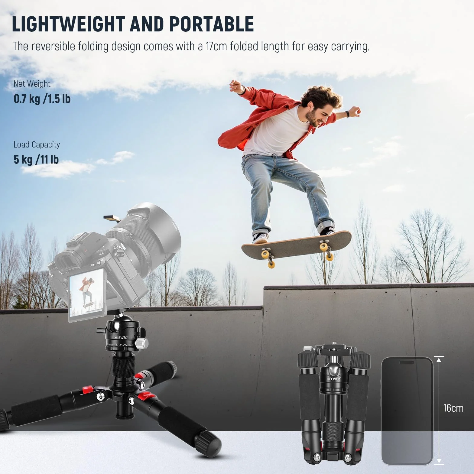 Neewer Mini treppiede desktop portatile -Lega di alluminio 50 centimetri con testa a sfera da 360 gradi, 6,35 cm piastra a sgancio rapido per videocamera DSLR Videocamera, carica fino a 5 chilogrammi