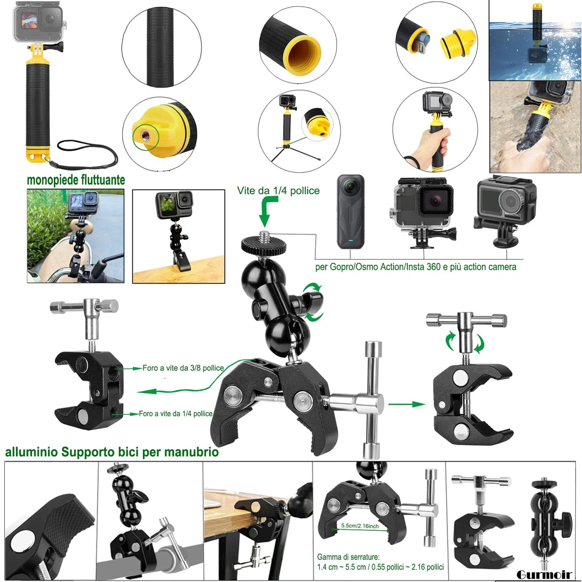 Kit di accessori per Gopro 13/12/11/Max 2/DJI Osmo Action 6/5 pro/4/Insta 360 X5/X4 e più fotocamera d'azione, Supporto bici per manubrio/Supporto per casco Kit per Gopro/Insta 360 (DT18)