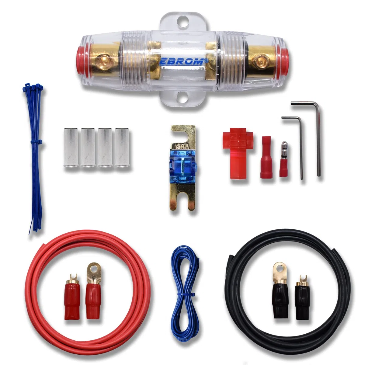 EBROM Cavo per batteria in rame per auto, set da 10 mm2, 16 mm2, 25 mm2, 35 mm2, 50 mm², cavo Plus + cavo di massa in molte lunghezze, supporto di fusibile AFS o ANL + fusibile, capicorda ad anello +