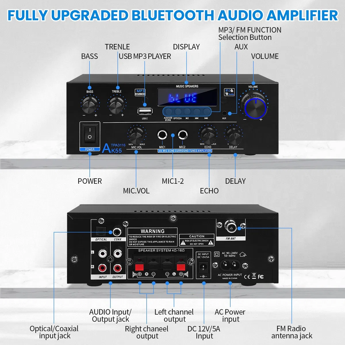 Amplificatore HiFi AK55 Bluetooth Stereo Audio Amplificatore Ricevitore 2 Canali 70WX2 Max. 600W Amplificatore audio digitale 12V/220V per casa o auto