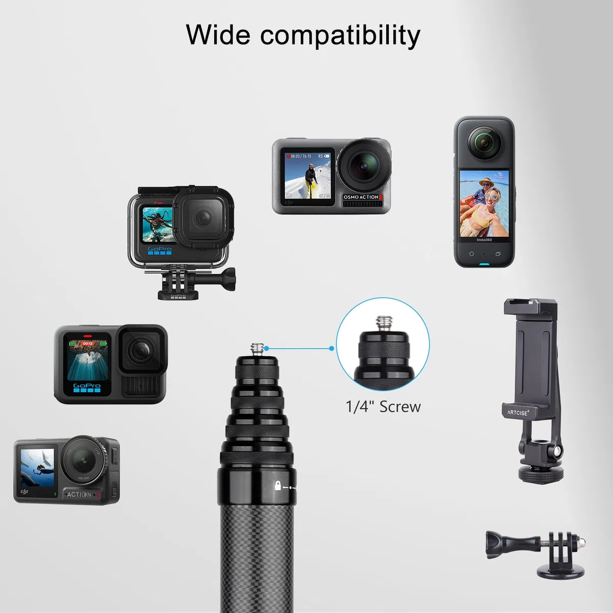 ARTCISE Bastone per selfie lungo in fibra di carbonio, 500 cm, asta di estensione per selfie monopiede per GoPro Hero per DJI Osmo Action per Osmo Pocket per Insta360 per fotocamera
