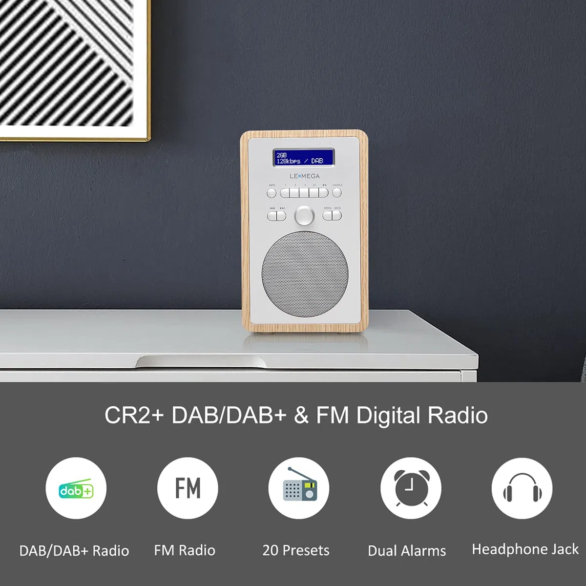 radio CR2+ (DAB Plus) – retro digitale FM, radio da cucina, ufficio, effetto legno, 20 stazioni, radiosveglia/snooze/sleep timer - rovere bianco