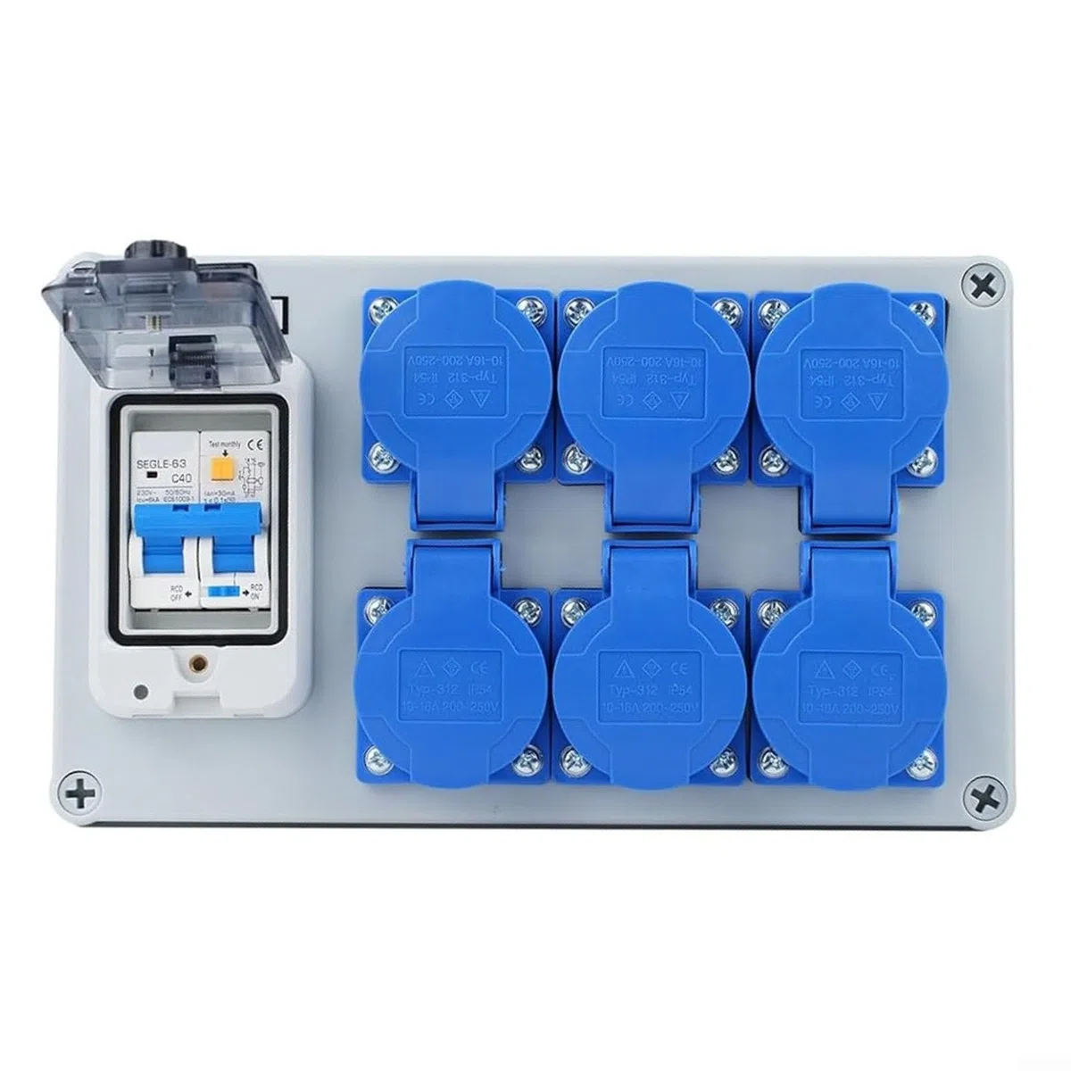 Distributore da parete IP54, a 6 scomparti, con interruttore FI 1P+N, 250 V/16 A, alloggiamento in ABS, impermeabile, antipolvere, per officina, garage, edilizia, esterni, grigio blu