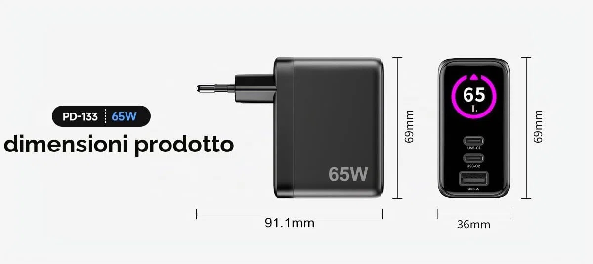 Celly - Caricatore Multiplo USB-C 65W GaN con Display LED, Ricarica Rapida per Laptop, Smartphone e Tablet