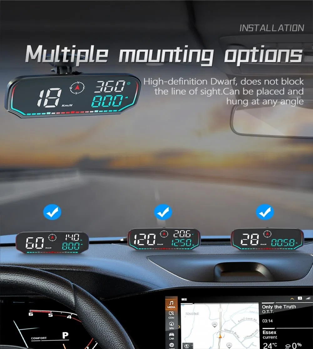 OBEST Car HUD Auto Head Up Display Auto HUD GPS- Tachimetro digitale GPS per auto, Allarme Velocità,con supporto a ventosa girevole