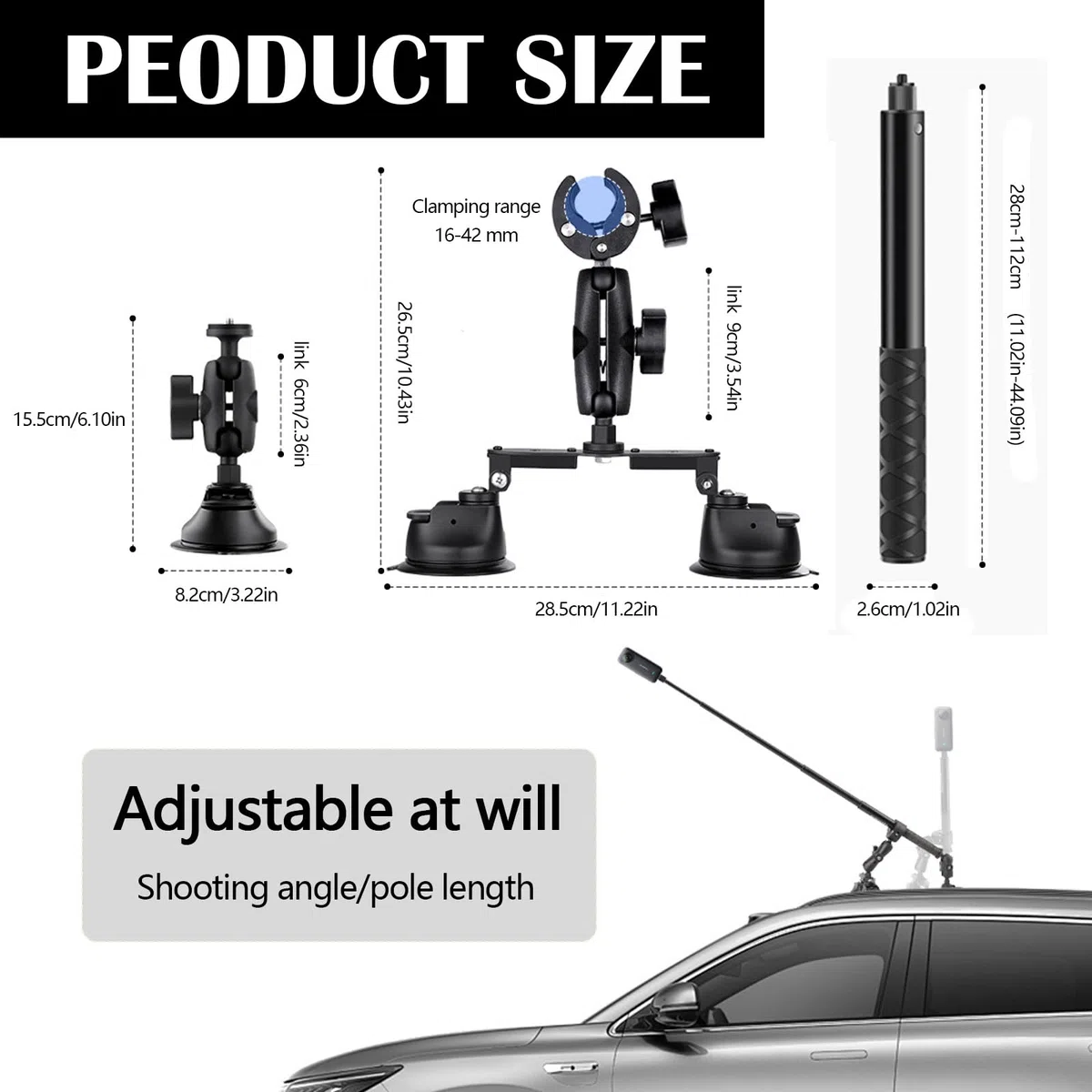 Set Di Supporto Per Auto Con Tripla Ventosa, Supporto Per Auto Con Tripla Ventosa E Morsetto Per Insta360 Gopro Akaso Action Camera Supporto Per Selfie Stick Retrattile Da 28-112 Cm Con Braccio Magico