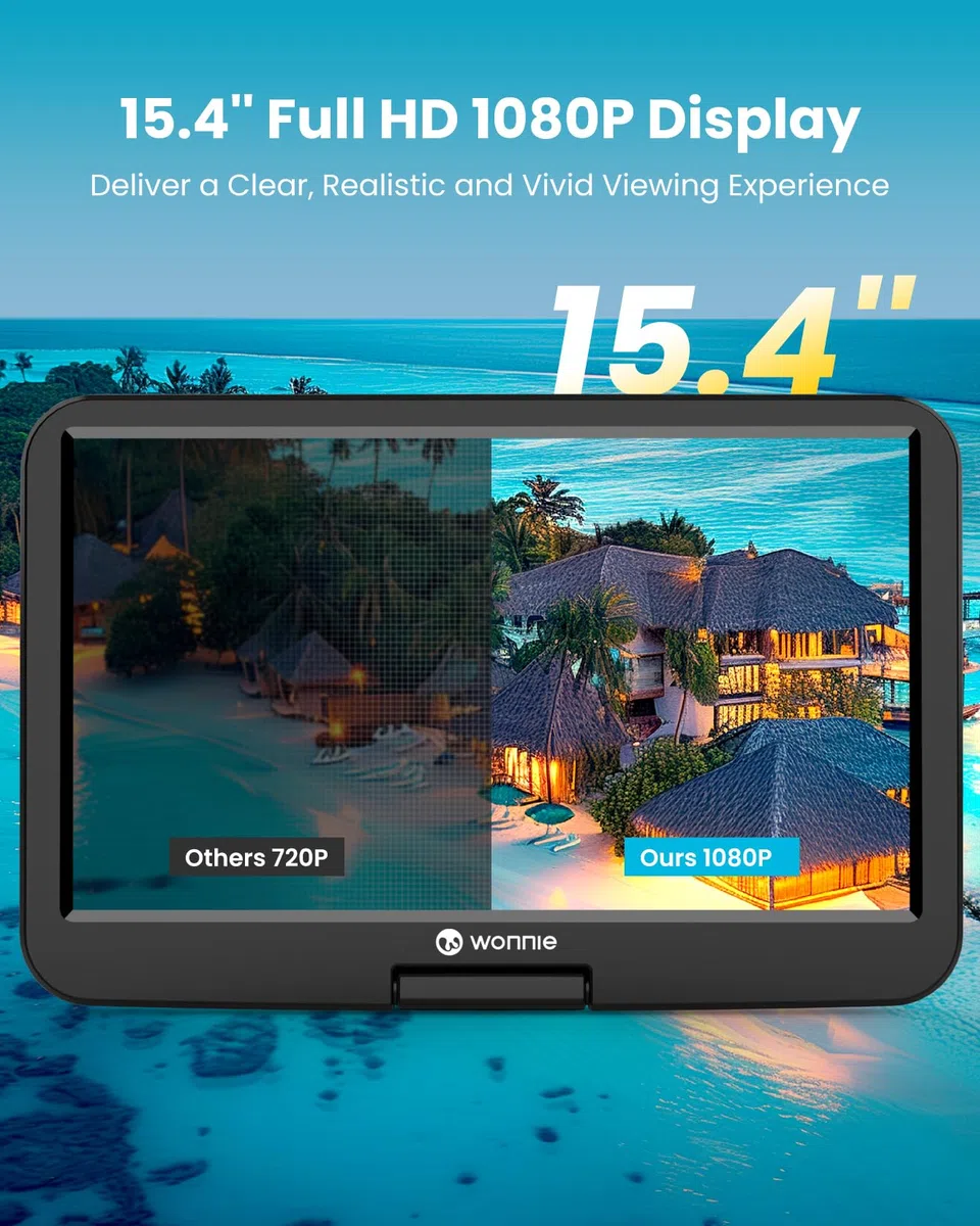 WONNIE Lettore DVD portatile Bluray con schermo 1080p Full HD da 15,6 pollici, grande schermo girevole, suono surround, supporto ultima memoria, uscita HDMI, ingresso AV, scheda USB/SD