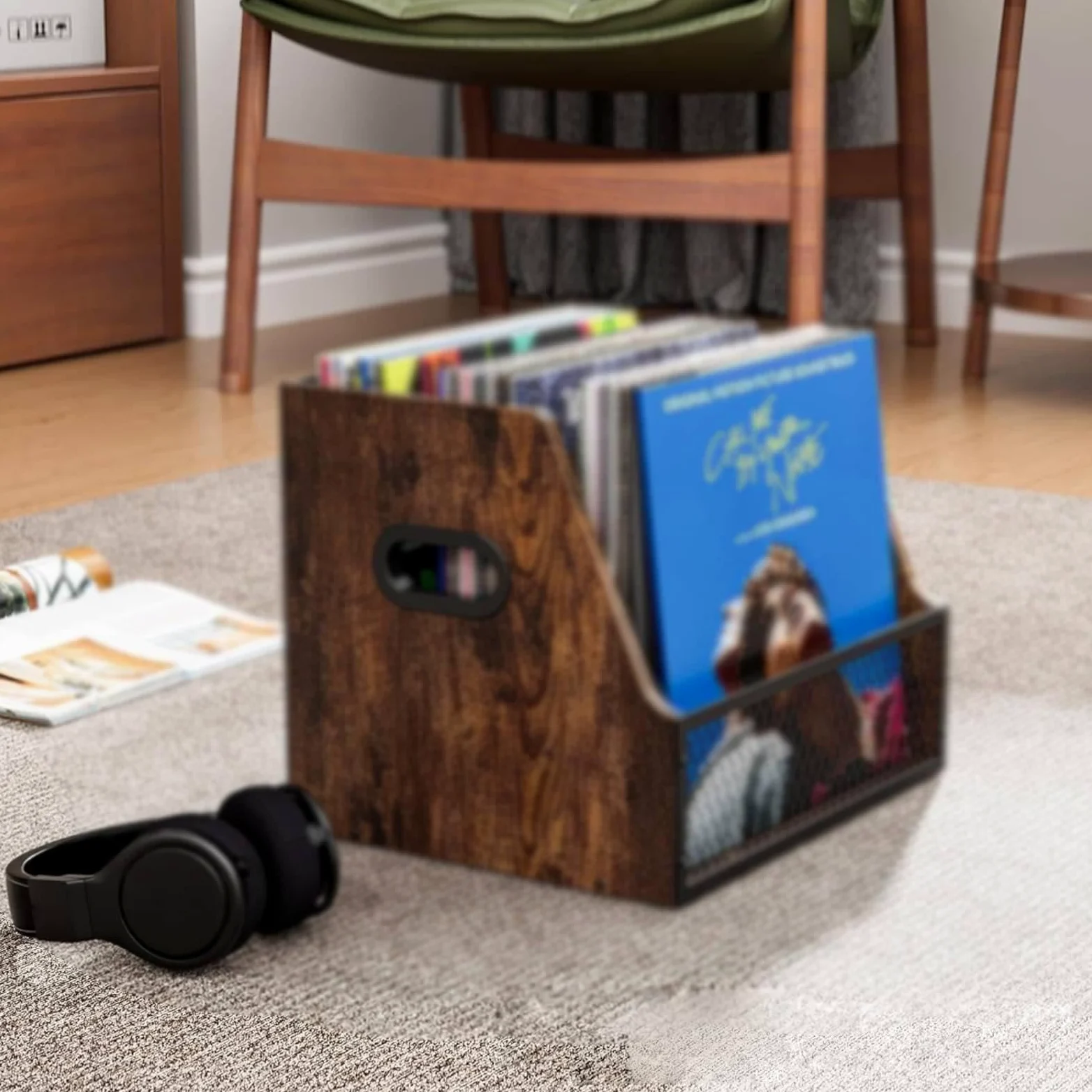 Porta Dischi Vinile Scatola Archivio LP Multifunzione in Legno Retro con Struttura Maniglie Trasporto Organizer Desktop Libreria Adatto per