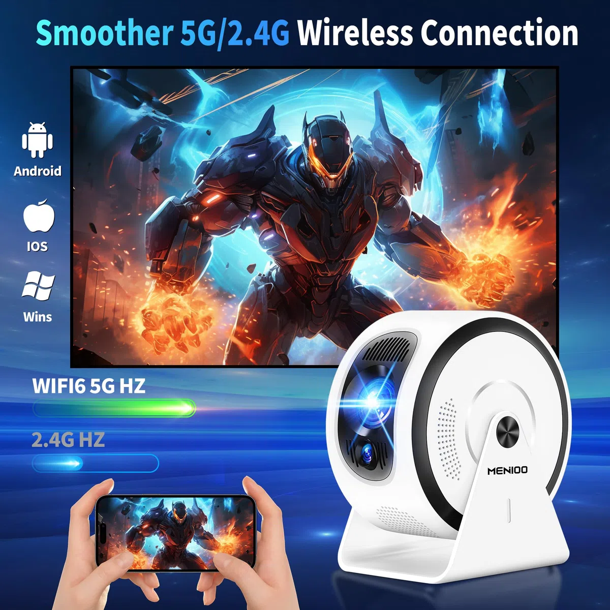Mini proiettore [app integrate] Proiettore 4K 1080P, 2026 aggiornato Auto Focus & Auto Keystone 360 ° Proiettore portatile con WiFi 6 e Bluetooth 5.4 compatibile con HDMI/TV Stick/USB/laptop, bianco