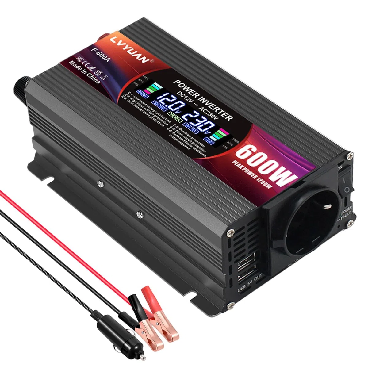LVYUAN 600W/ 1200W Convertitore di tensione da CC 12 V a CA 220 V 1 presa CA e 2 porte USB Convertitore di corrente Inverter per auto, camper, camion