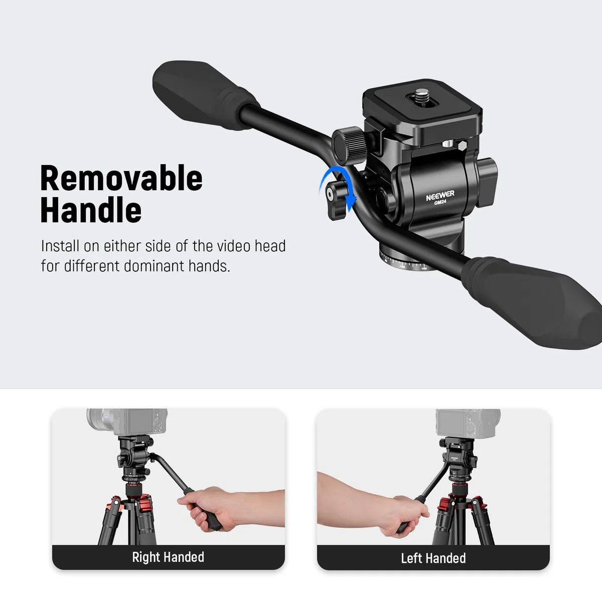 NEEWER Testa Fluida per Treppiede con Piastra Sgancio Rapido e Maniglia, Adattatore Treppiede Fotocamera Pan. Incli. Compatibile con Arca Swiss per Videocamere DSLR Compatte, Max 3kg, GM24 Tutto Nero