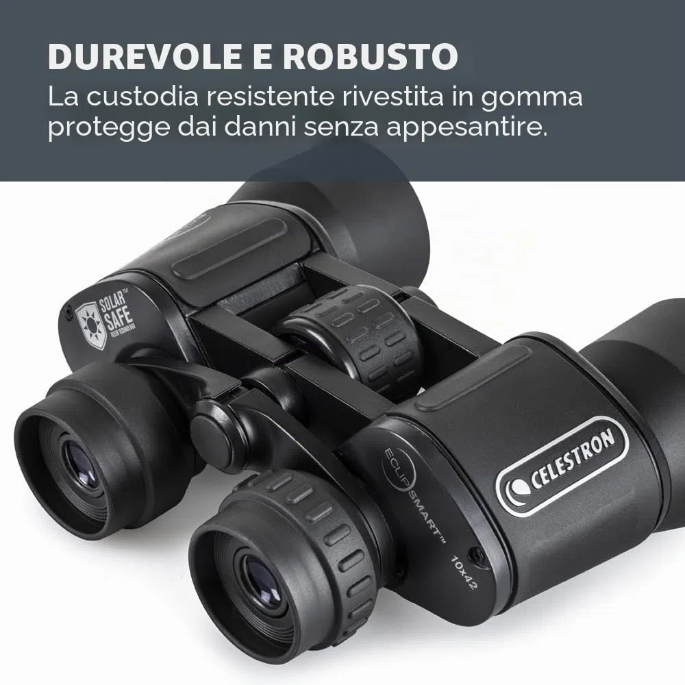 Celestron 71238 EclipSmart 10x42 Binocolo solare Porro - ISO 12312-2, impugnatura in gomma, ottica con rivestimento multiplo, vetro BK7, laccetto da collo e custodia morbida per il trasporto, nero