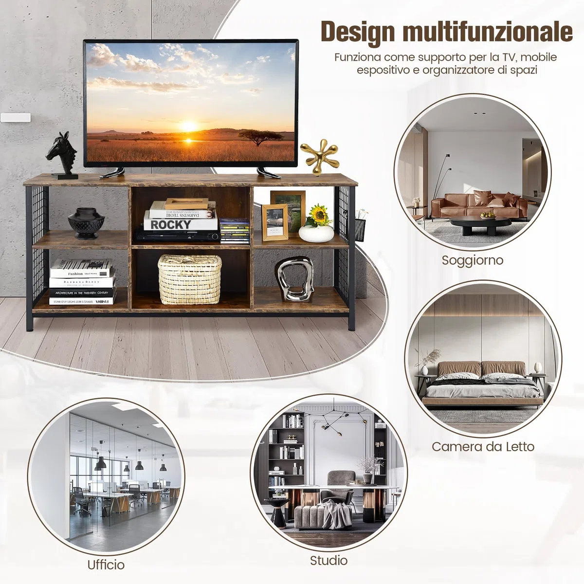 COSTWAY Mobile TV Industriale Fino a 65", Tavolo Multimediale a 3 Ripiani con Cesto Portaoggetti, Mobile TV in Legno con 2 Fori per La Gestione dei Cavi, 140 x 40 x 63 cm