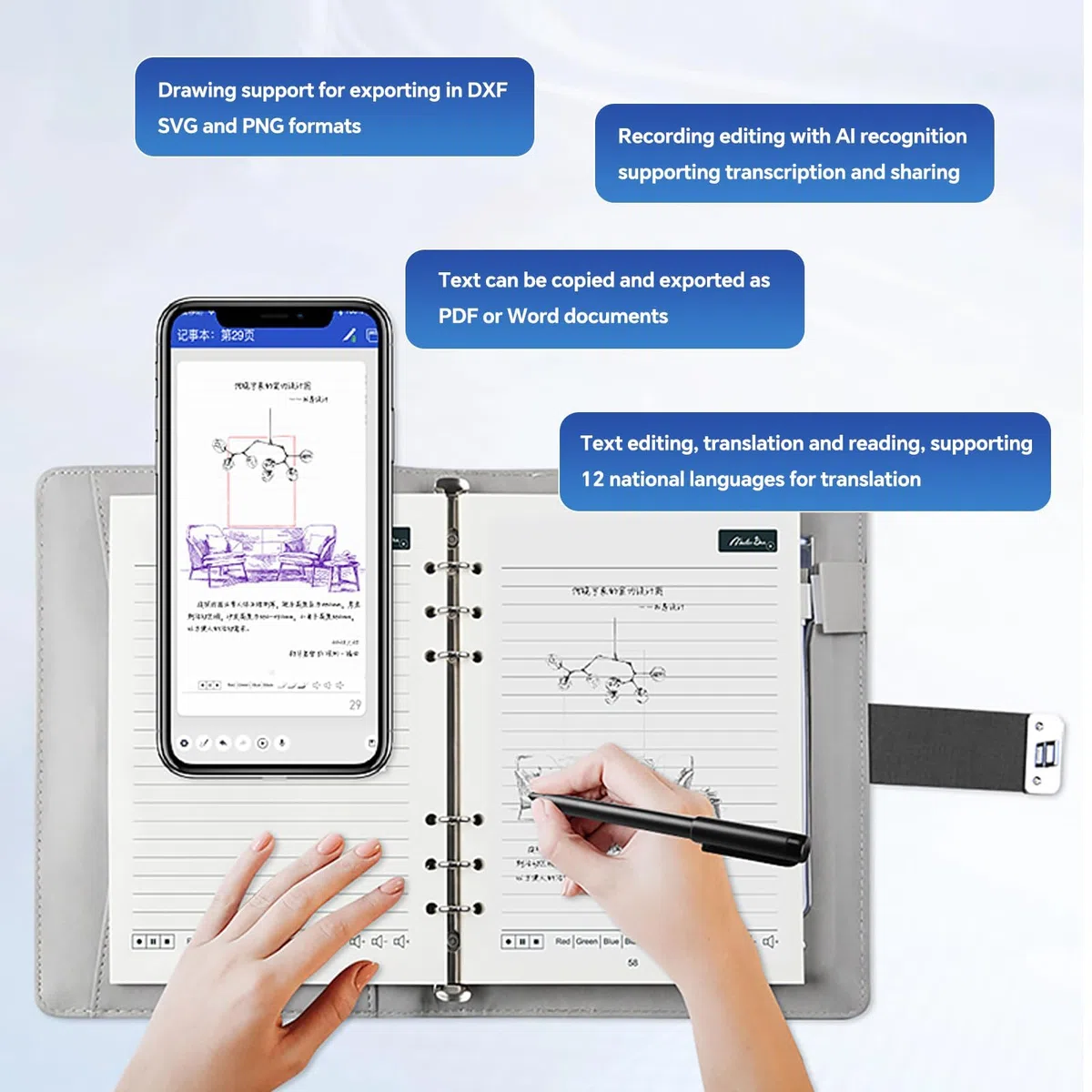 Penna Digitale a Sincronizzazione in Tempo Reale, Convertitore di Scrittura a Mano in Testo sul Telefono, Penna Intelligente Controllata a Voce per Note e Disegno Gray-Black