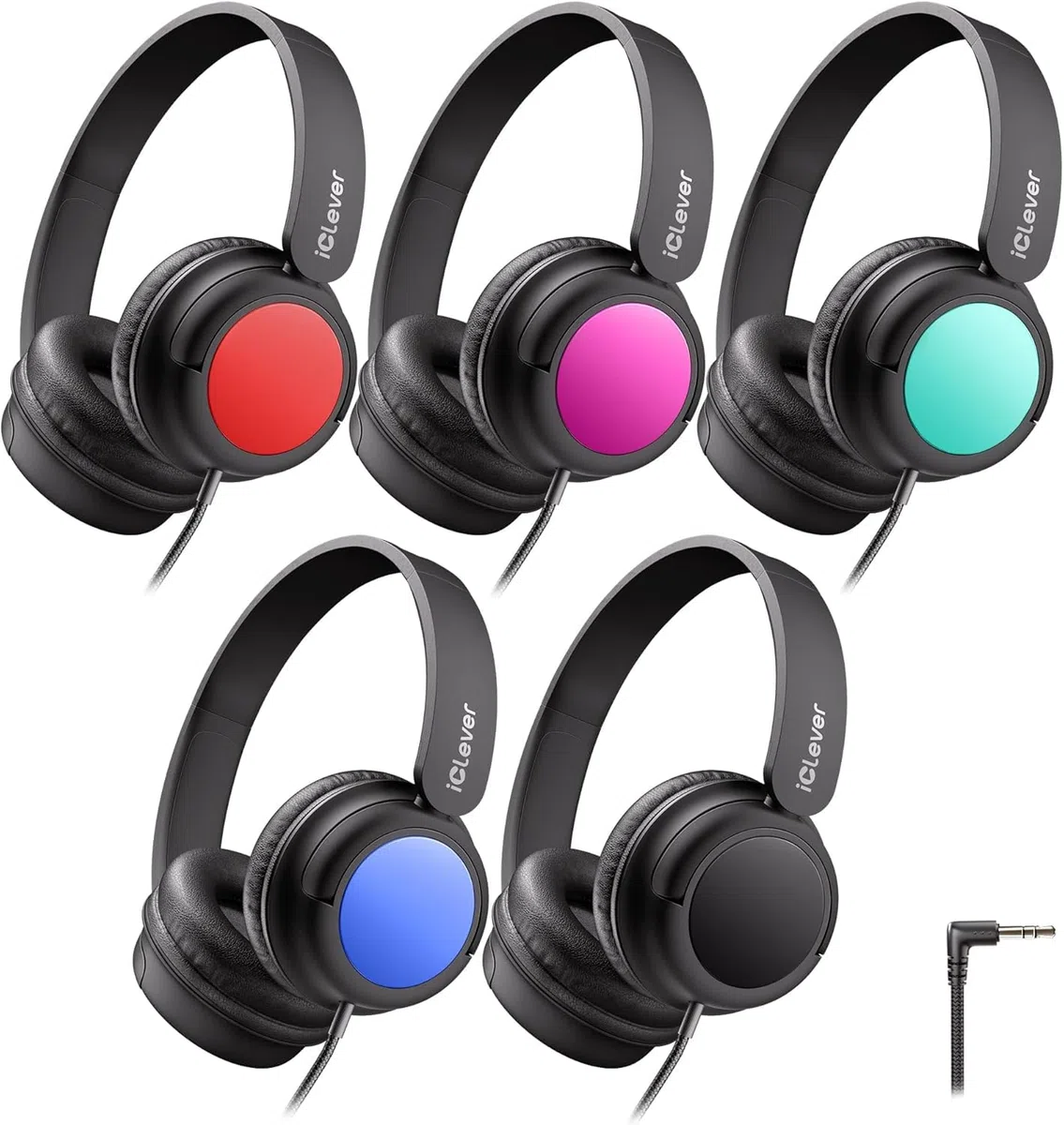 iClever Cuffie per bambini con cavo, confezione da 5, cuffie per bambini per la scuola | SafeSound Tech, suono stereo, pieghevoli, anti-groviglio, comode cuffie over-ear per bambini, robuste cuffie con cavo