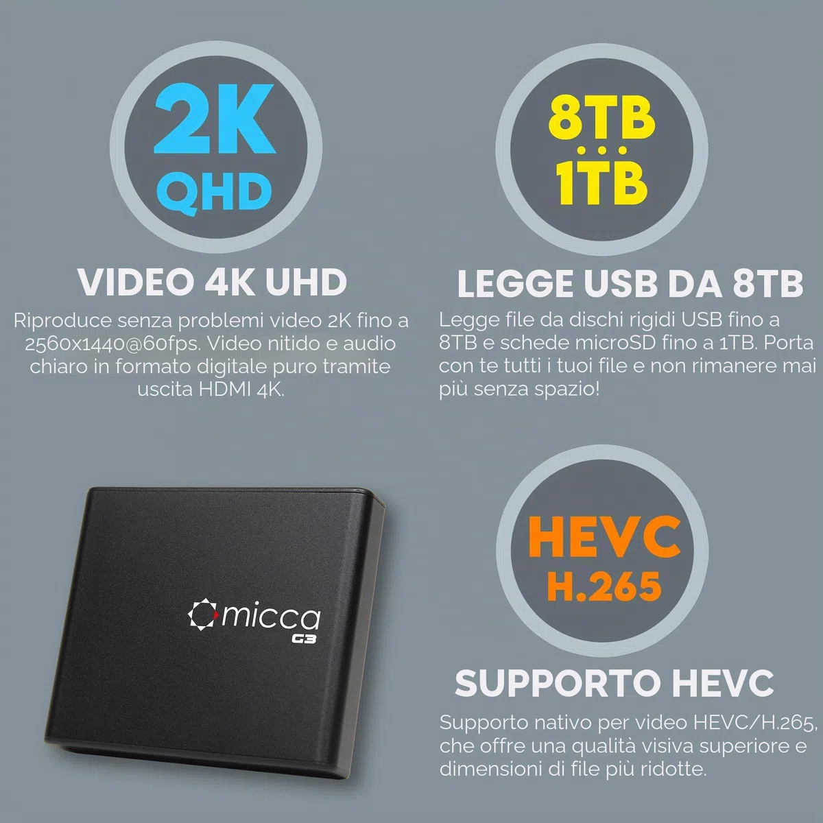 Micca G3 2K Quad-HD Digital Media Player per unità USB e schede MicroSD, Digital Signage, H.265/HEVC H.264/AVC MP4 MKV Videos MP3 Music JPG Photos,