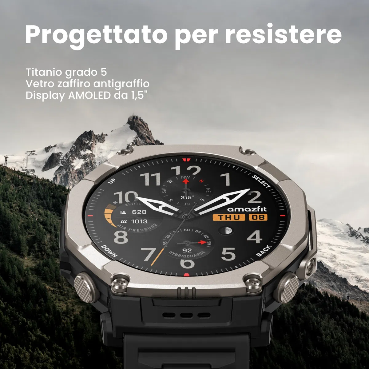 Amazfit T-Rex Ultra 2 Smartwatch Outdoor GPS Dual-Band, Cassa in Titanio 51 mm, Display AMOLED in Vetro Zaffiro 1,5", Torcia, 30 Giorni Batteria, Mappe Offline, 10 ATM, 180+ Sport, Android e iPhone
