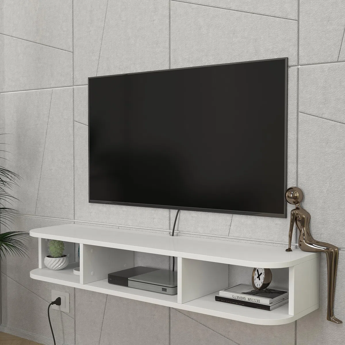 [en.casa] Mobile Porta TV Sospeso con 3 Vani Portaoggetti Scomparti Aperti Mensola da Parete Stand Multimediale con Passacavi 120 x 30 x 19 cm per Soggiorno - Bianco