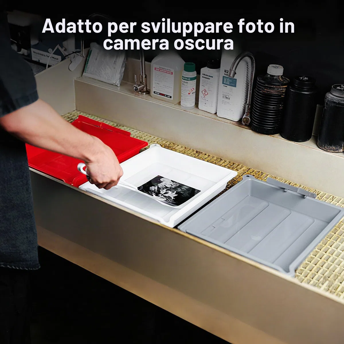 JJC Darkroom - Vassoio per lo sviluppo di pellicole per stampa fotografica con clip in silicone, porta di drenaggio e scomparto per termometro, 33,4 x 38,4 cm, 33,4 x 38,4 cm, bianco, rosso, grigio