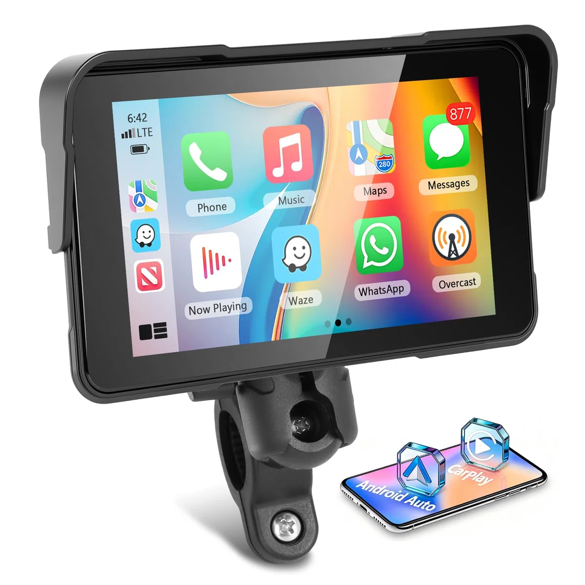 CarPlay Schermo Carplay per Moto con Wireless Android Auto, 5 Pollici Impermeabile Touchscreen, Doppio Bluetooth, Navigazione GPS, Siri/G00gle Assistente, Plug-and-Play