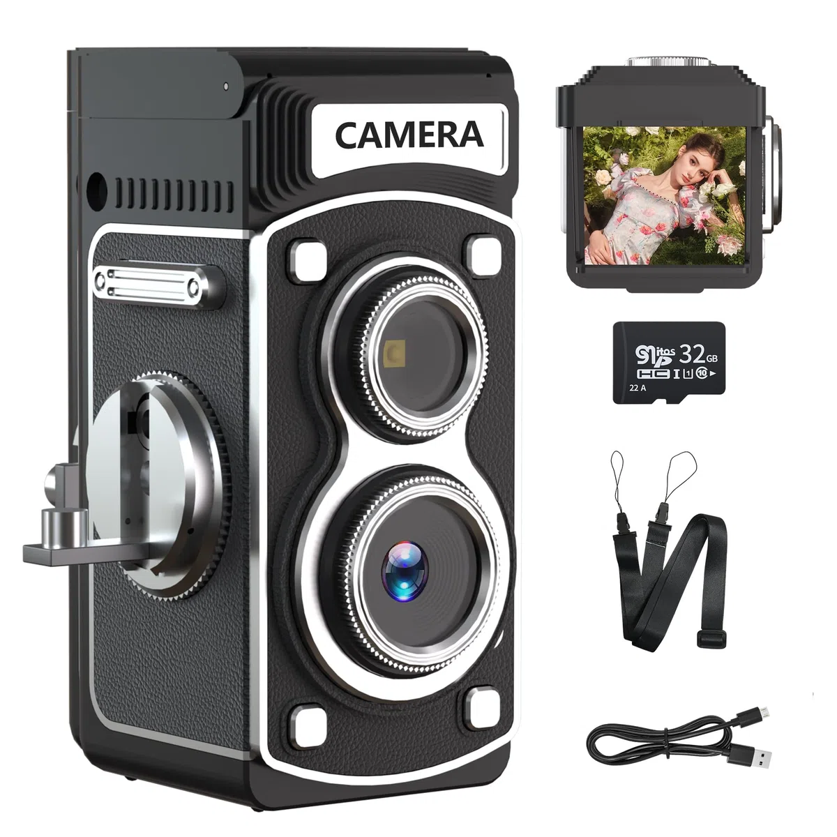 Mini fotocamera digitale vintage – 1080p FHD Retro TLR Style Point and Shoot messa a fuoco automatica, fotocamera compatta e portatile Volgging con scheda da 32 GB, ideale per principianti