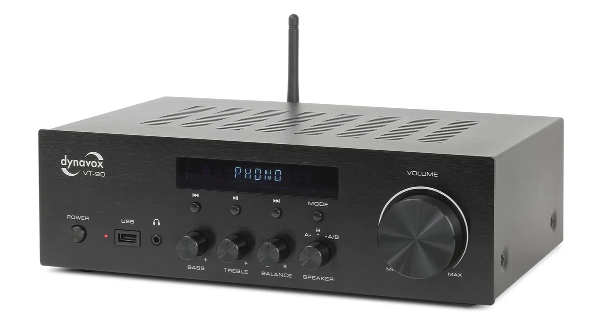 Dynavox VT-90 amplificatore stereo compatto, terminali di connessione a vite per 4 altoparlanti, telecomando, ingresso phono, trasmissione BT, nero