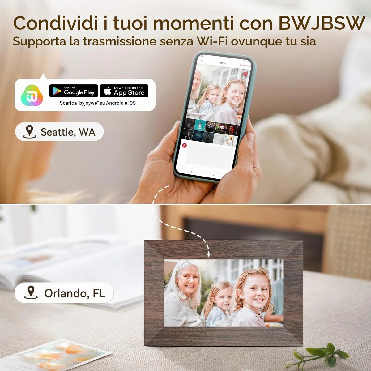 Cornice Digitale 7 Pollici, WiFi IPS Touchscreen Cornice Elettronica, Memoria Integrata da 32GB, BWJBSW Cornice Foto Digitale per Condividere Immagini, Video e Musica, Supporta Sveglia, Auto-Rotazione