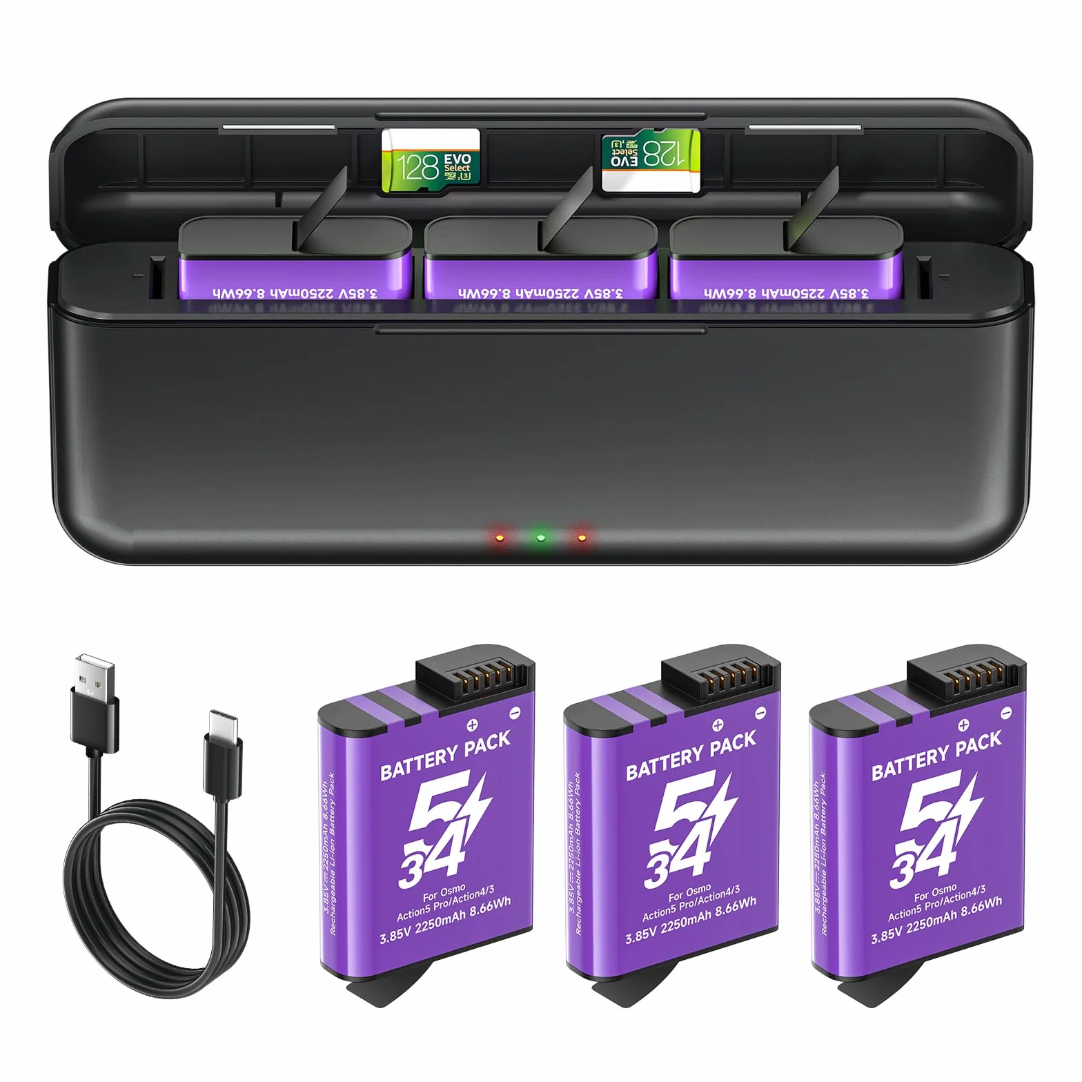 2250mAh Osmo Action 5 Pro Batteria Con Caricabatterie Per DJI Osmo 360/Action 6/Action 5 Pro/Action 4/Action 3, 3-channel Caricabatterie e custodia di ricarica rapida USB con cavo di tipo C