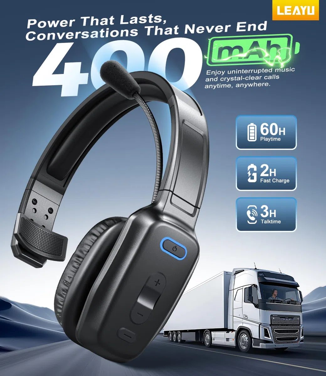 LEAYU Cuffie Bluetooth, 60 ore con cancellazione del rumore V5.2, cuffie wireless con microfono, pulsante muto, multipunto, per cellulari, PC, computer, camion, autista, ufficio, lavoro, nero