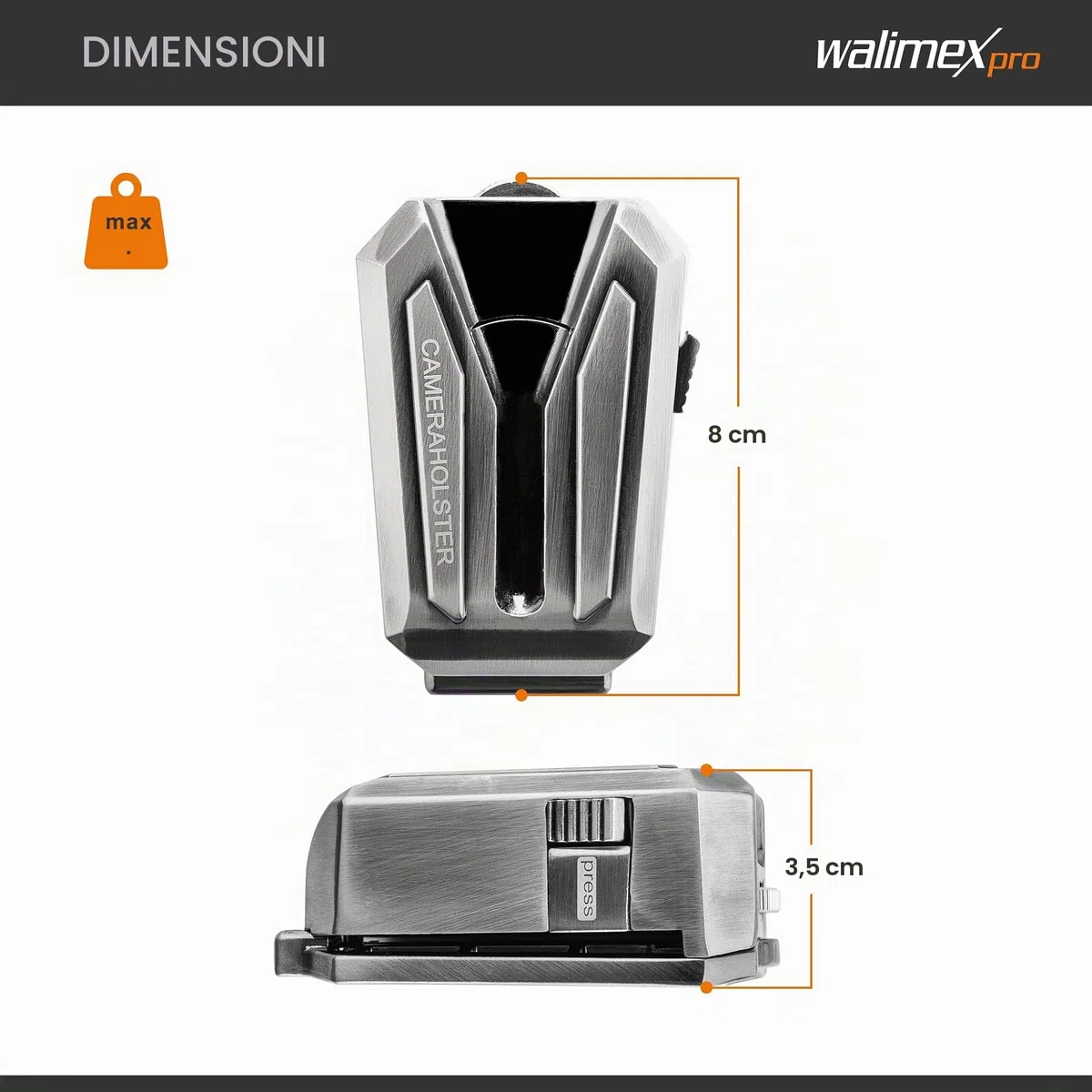walimex pro Porta macchina fotografica da cintura, Gancio e Clip a V, Piastra a sgancio rapido compatibile con Arca-Swiss, max 5 kg, per cinghie larghe fino a 50 mm