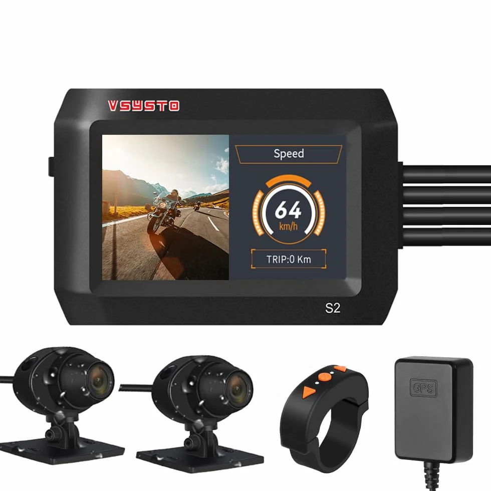 VSYSTO 3 pollici moto dash cam IPS schermo ad alta definizione WiFi GPS di monitoraggio automatico di parcheggio off/on visione notturna impermeabile doppia 1080P anteriore e posteriore