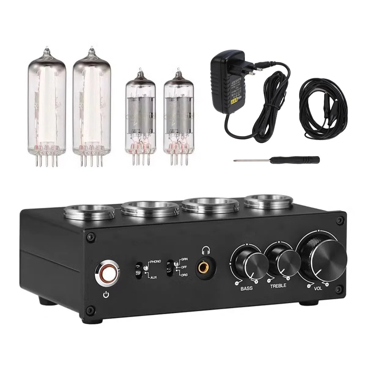 AUNMAS Preamplificatore Fono Valvolare Elettronico, Preamplificatore Audio Stereo HiFi con Jack per Cuffie da 3,5 MM e Controllo dei Bassi Acuti, per Giradischi MM MC (Spina UE 100-240 V)