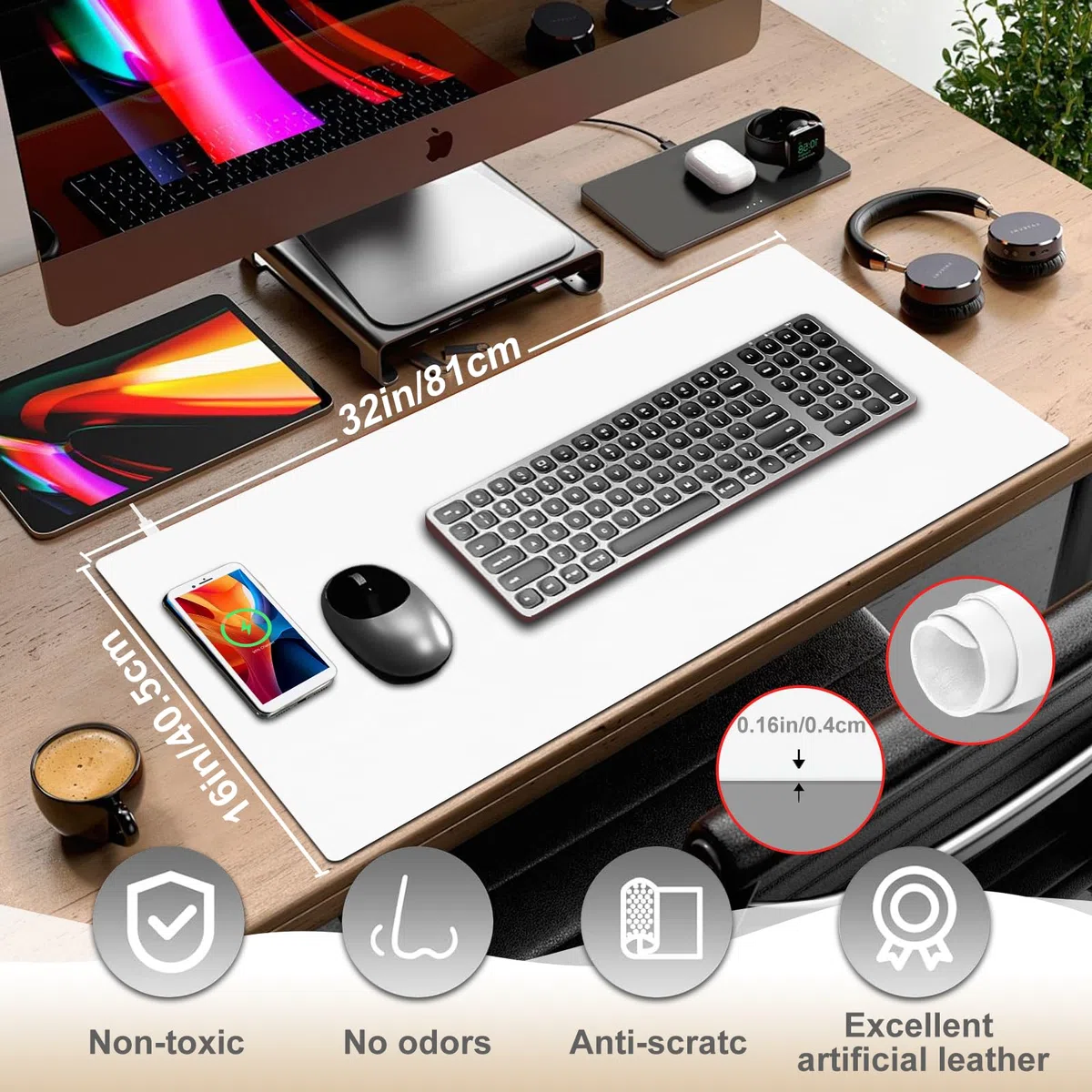 Tappetino da scrivania con ricarica wireless, tappetino per mouse bianco con caricabatterie wireless, tappetino da scrivania opaco per desktop, tappetino per mouse da gioco, tappetino per mouse grande