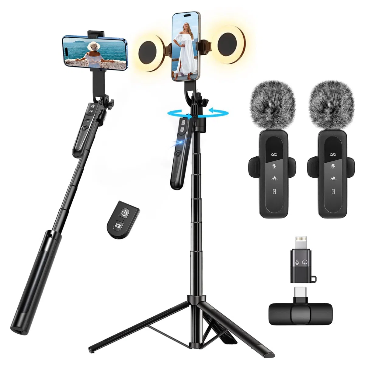 Creator di Contenuti per YouTube - Kit di Vlogging per iPhone/Android, Treppiede di Seguimento Facciale Automatico da 178 cm per iPhone con Luci e Microfoni Wireless, Kit di Avvio per TikTok/YouTube