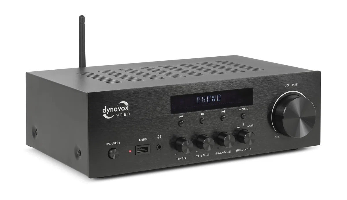 Dynavox VT-90 amplificatore stereo compatto, terminali di connessione a vite per 4 altoparlanti, telecomando, ingresso phono, trasmissione BT, nero