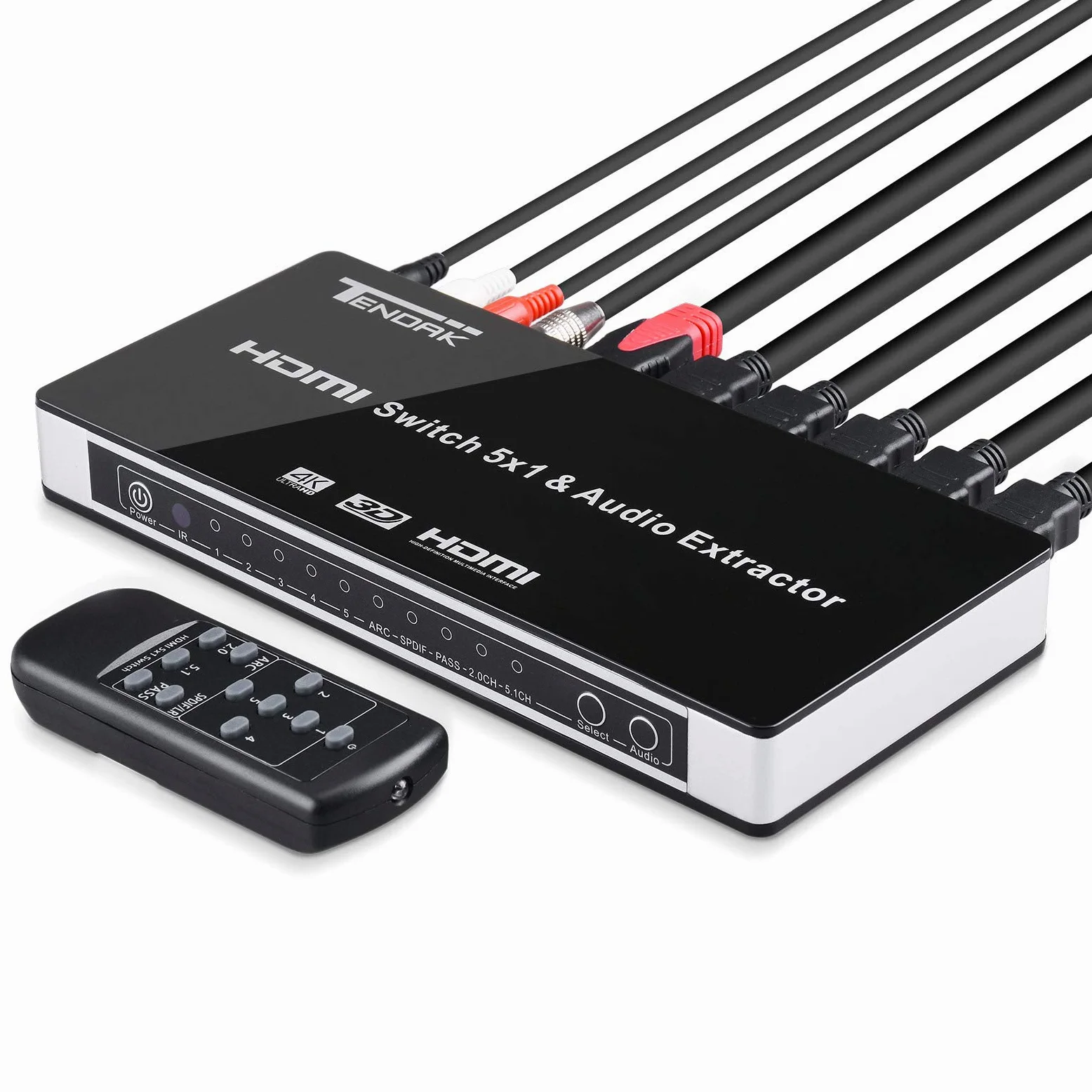 Tendak Switch HDMI 4K 5 su 1 con SPDIF e L/R Audio Extractor, Telecomando, Supporta Arc HDMI 1,4