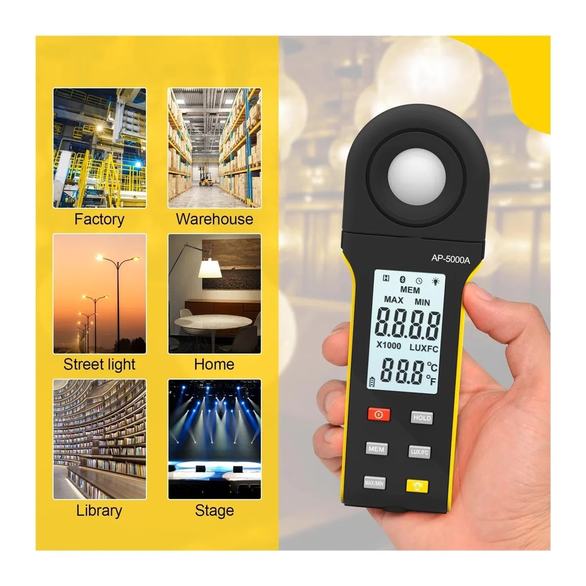 Tester di Luce Digitale Luxmetro Digitale ad Alta precisione -5000A, Ampio intervallo da 1 a 400.000 Lux, Interruttore unità Lux/FC, Registrazione Max/MIN, Display Integrato | Szary