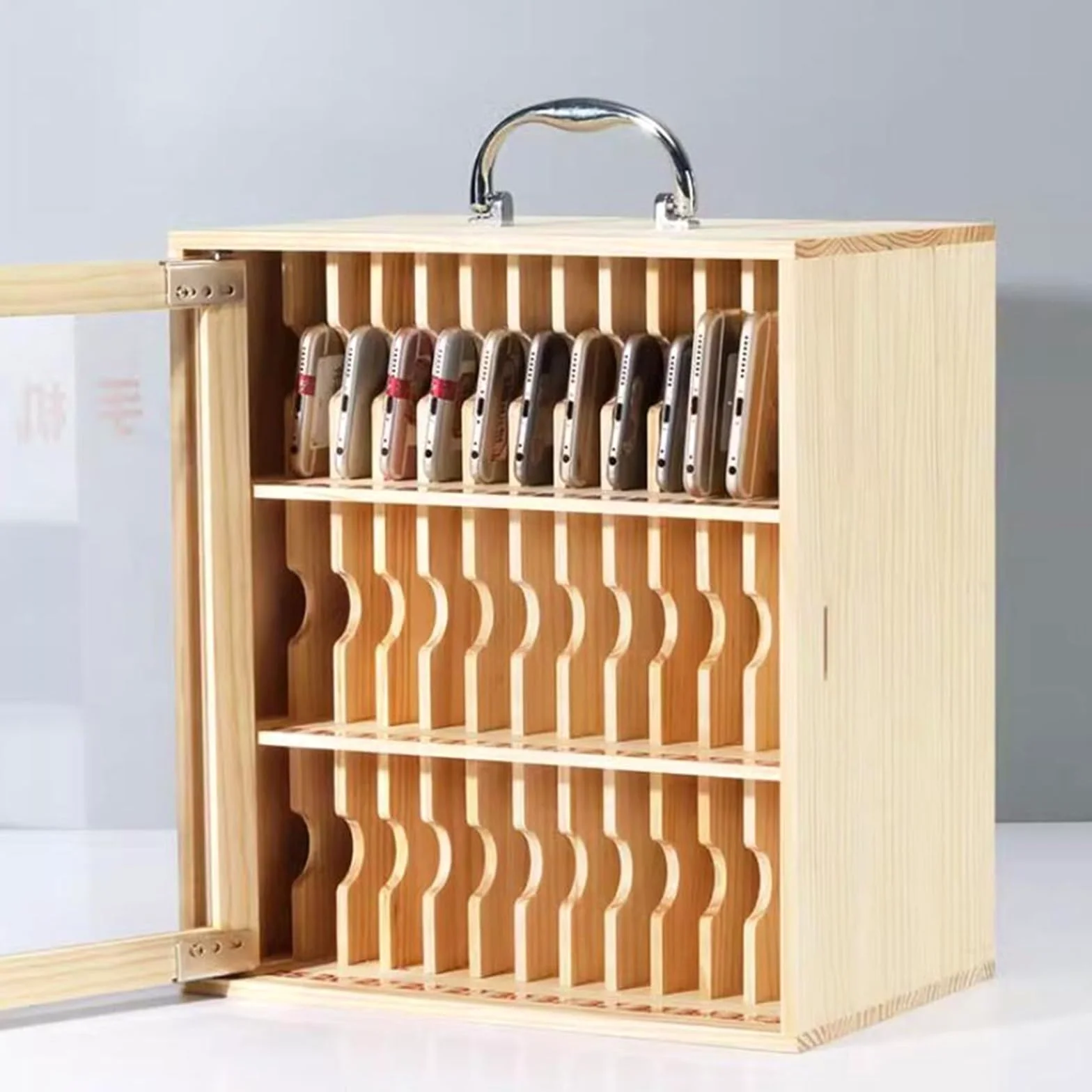 Supporto da parete in legno per telefoni cellulari, ufficio e sala conferenze, sicuro 24 pezzi, soluzione di archiviazione in legno elegante per telefoni e accessori