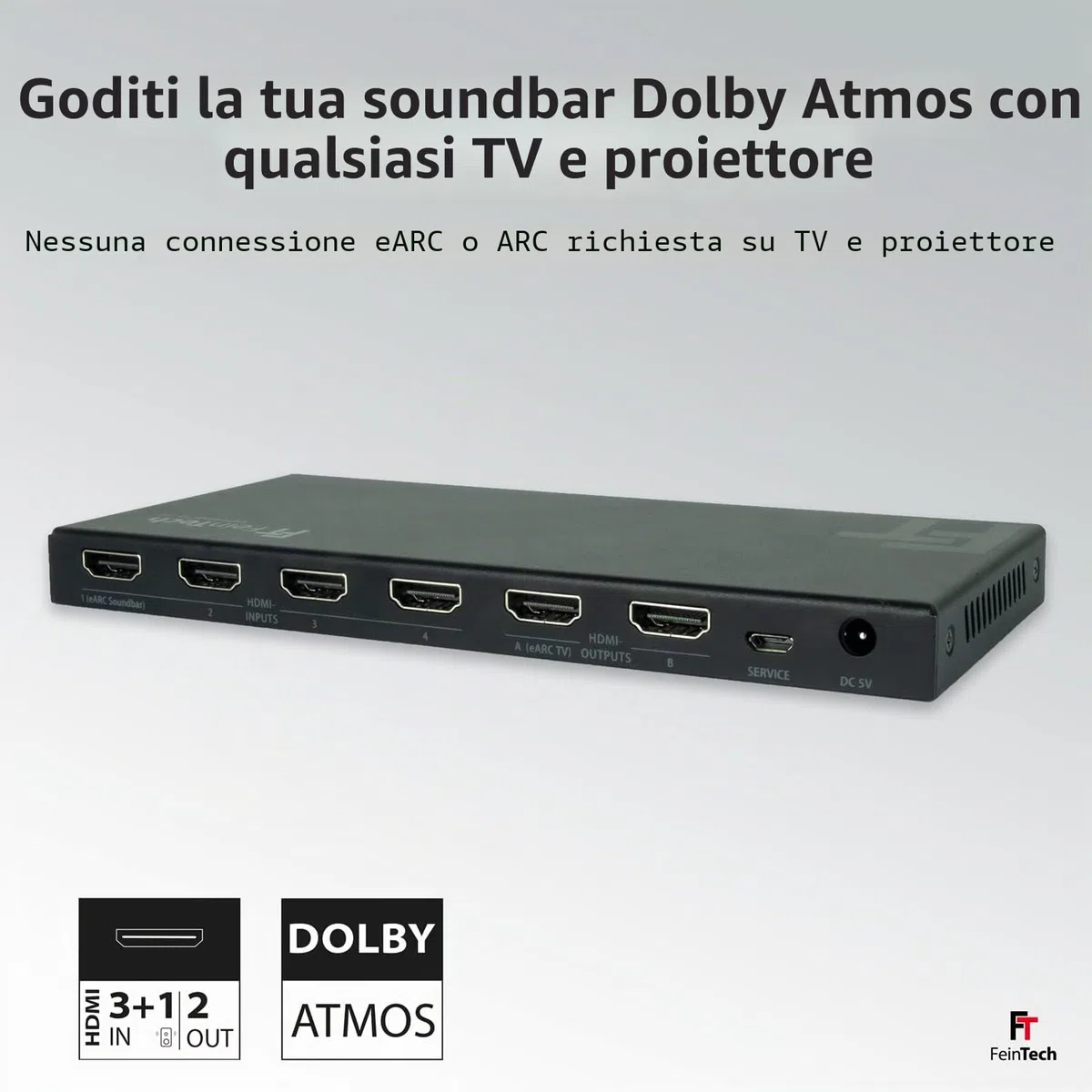 FeinTech VAX04201 HDMI eARC Pass Matrix Switch 4x2 per soundbar e 2 display 4K 60Hz Dolby Vision Atmos