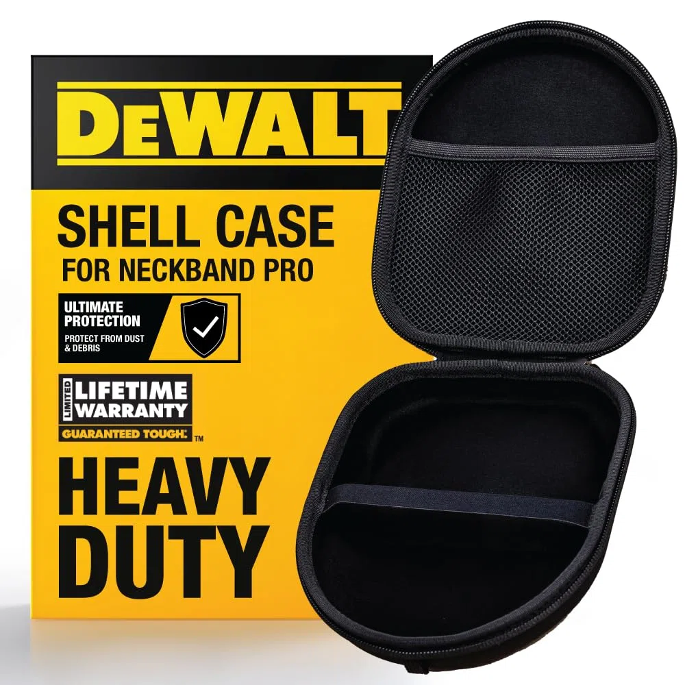 DEWALT Custodia protettiva per auricolari con archetto da collo, compatta e leggera, con custodia rigida in EVA, antiurto, impermeabile, interno morbido e tasca per accessori