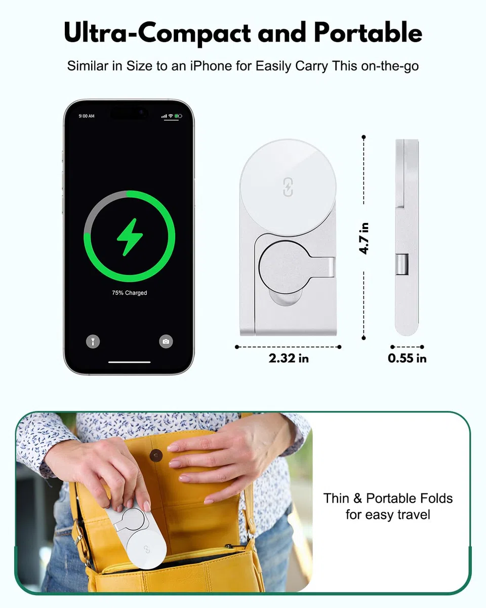 Caricabatterie wireless M16 3 in 1, in lega di alluminio, pieghevole, compatibile con MagSafe, per iPhone 16, 15, 14, 13, 12, stazione di ricarica per AirPods, supporto di ricarica wireless per iWatch