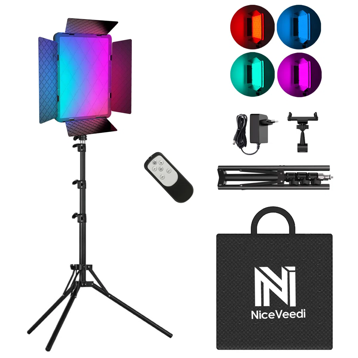 NiceVeedi Luce video RGB da 15 pollici, illuminazione da studio fotografico da 40 W con telecomando e supporto per telefono, 2700K-6500K dimmerabile LED Panel Light con 20 SCENES/RGB/CCT/HSI Modalità