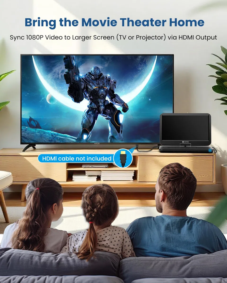 WONNIE Lettore DVD portatile Bluray con schermo 1080p Full HD da 15,6 pollici, grande schermo girevole, suono surround, supporto ultima memoria, uscita HDMI, ingresso AV, scheda USB/SD
