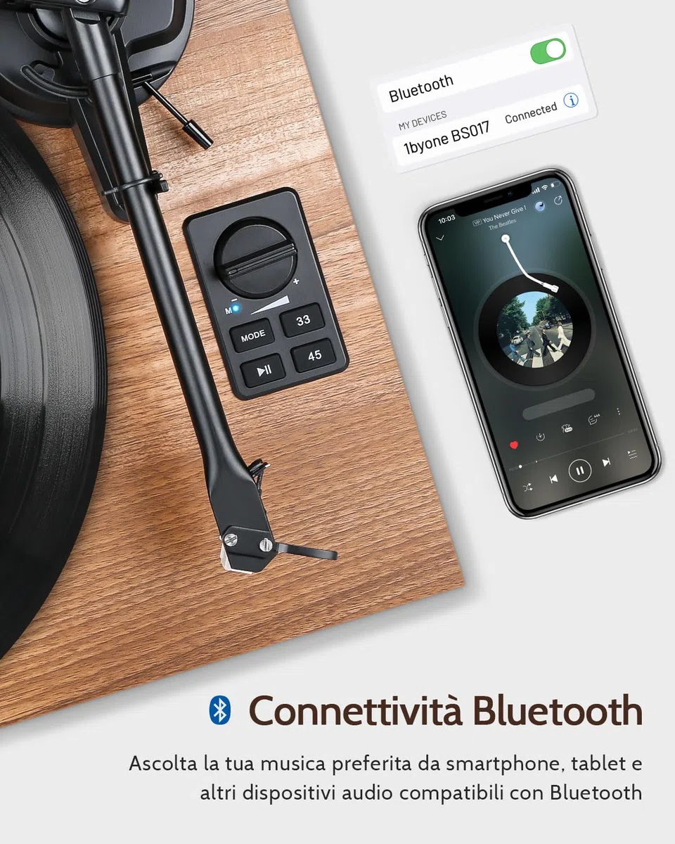 1 BY ONE Giradischi Vinili Bluetooth Hi-Fi con Diffusori da Mensola 36W | Testina AT3600L, Contrappeso Regolabile, Connessione Wireless, Registrazione USB MP3, Spegnimento Automatico, Uscita RCA