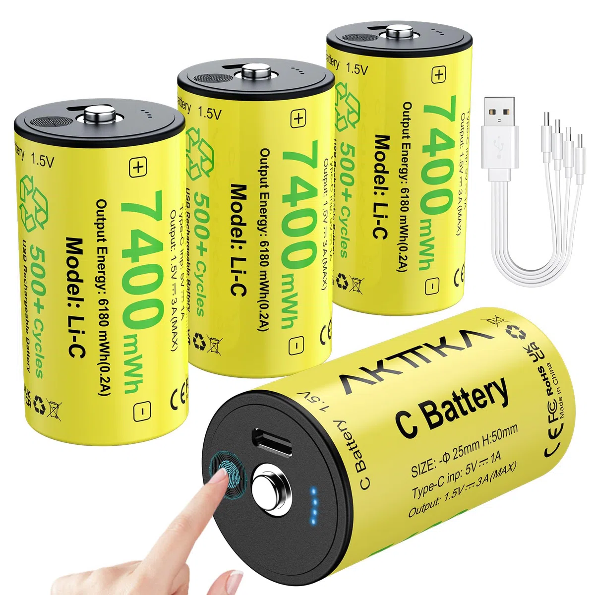 Batterie ricaricabili C, confezione da 4, 7400 mWh agli ioni di litio C, 1,5 V, con cavo di ricarica USB-C 4 in 1, indicatore di livello della batteria, per torcia, lettore CD, lampada da