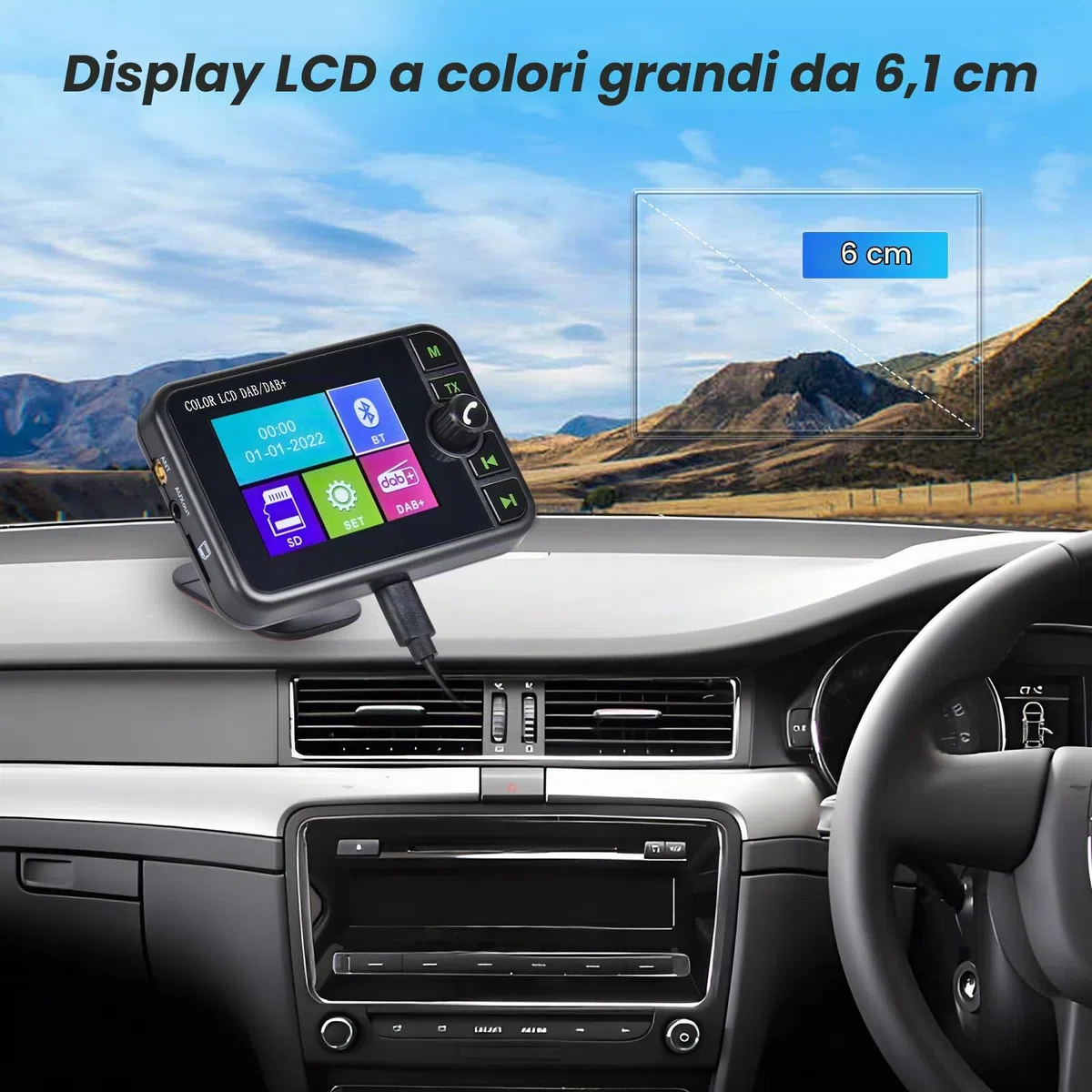DAB Adattatore per Autoradio 2.4'' LCD Portatile DAB + Autoradio Adattatore con FM Trasmettitore Audio/Bluetooth Vivavoce/Bluetooth Musica/AUX In&Out/Supporto TF Card