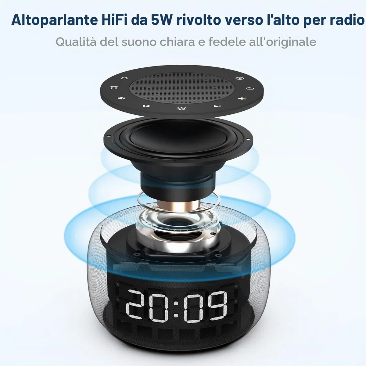 Buffbee Radiosveglia digitale per camera da letto – Luce notturna a 7 colori, qualità del suono ad alta fedeltà con altoparlante rivolto verso l'alto, 4 suoni, display Full Range Dimmer per comodino